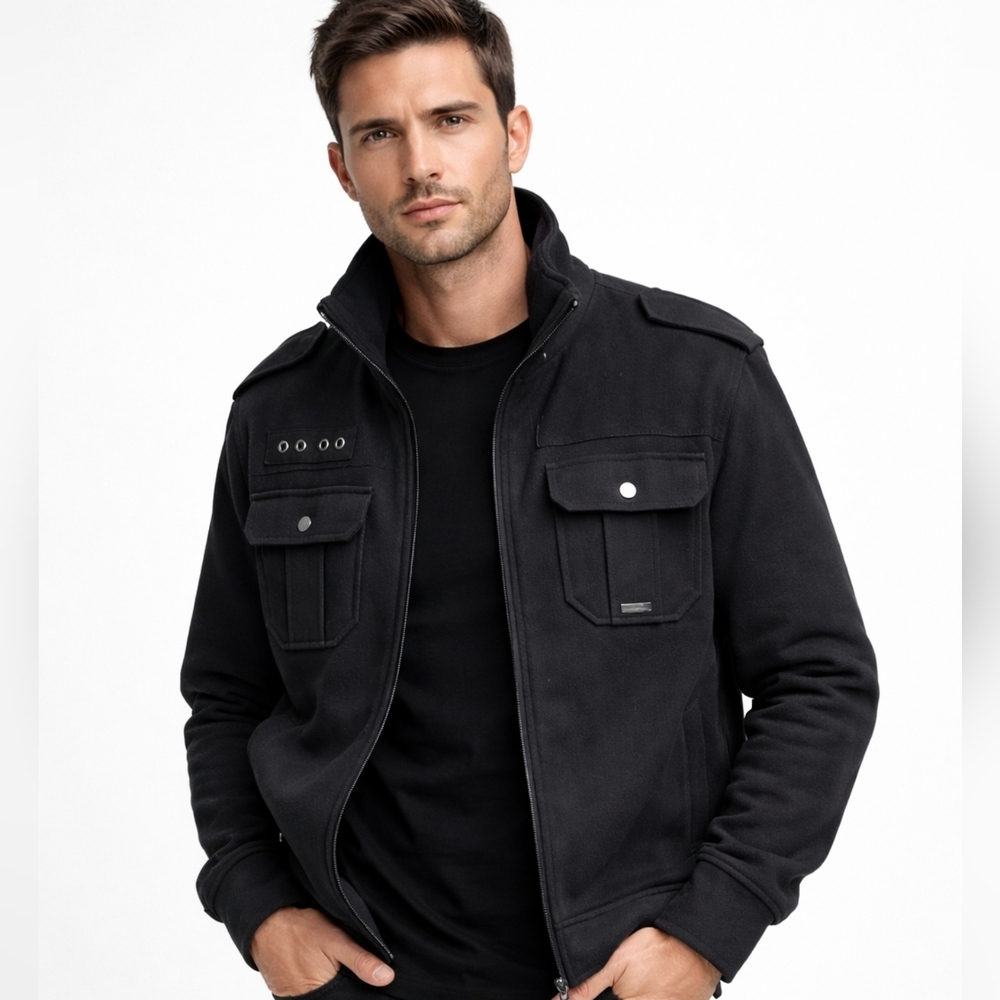 Sean John Black Utility Military Jacket Men Zip Front Field Coat Streetwear XL